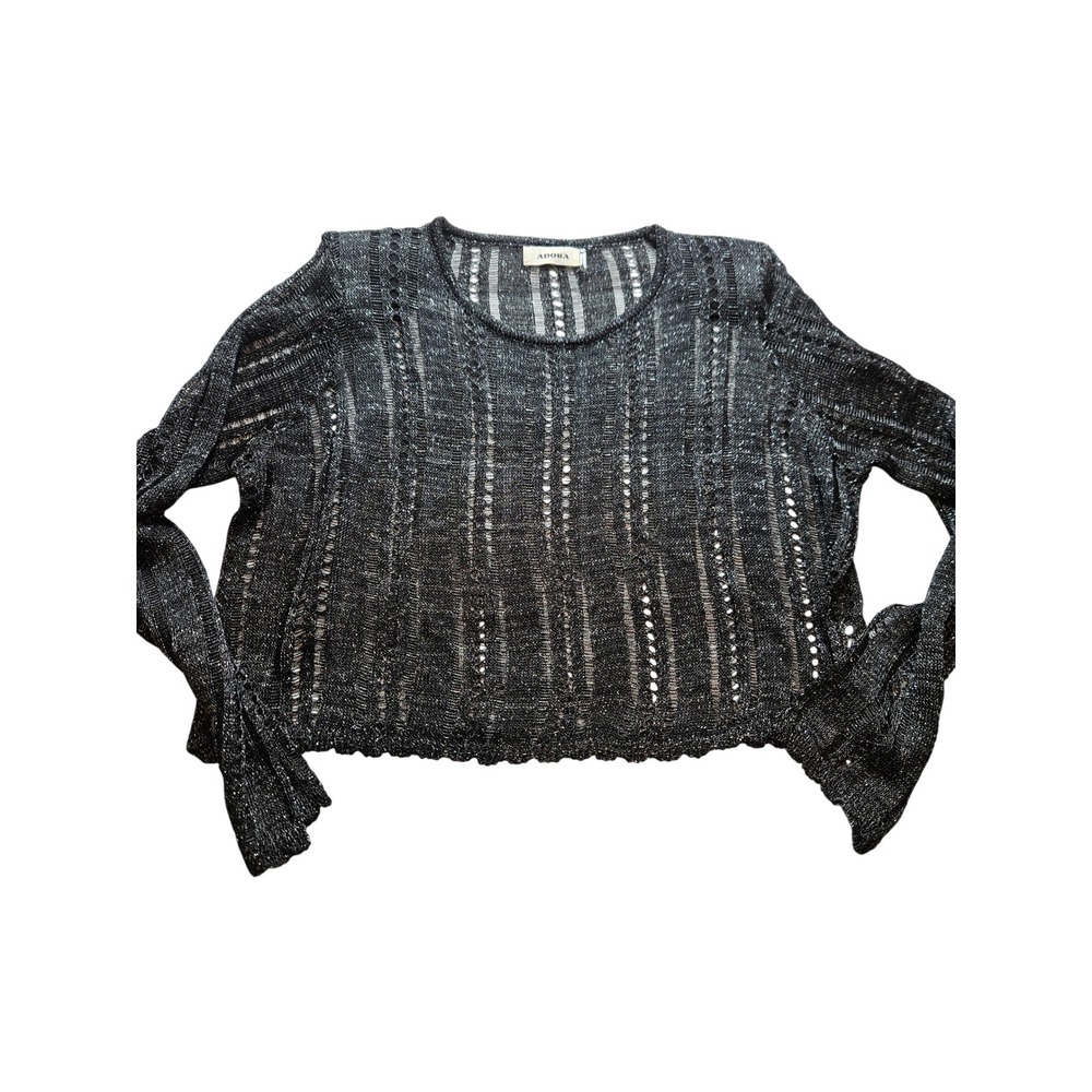 Adora Metallic Silver Black Pointelle Crochet Knit Cropped Sweater Top Crew Neck
